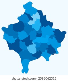 Map of Kosovo with regions. Just a simple country border map with region division. Light blue color palette. Plain Kosovo shape with administrative division. Vector illustration.