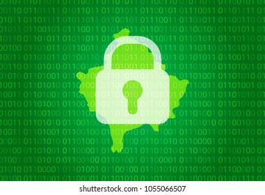 Map of Kosovo. vector illustration with lock and binary code background. internet blocking,virus attack, privacy protect