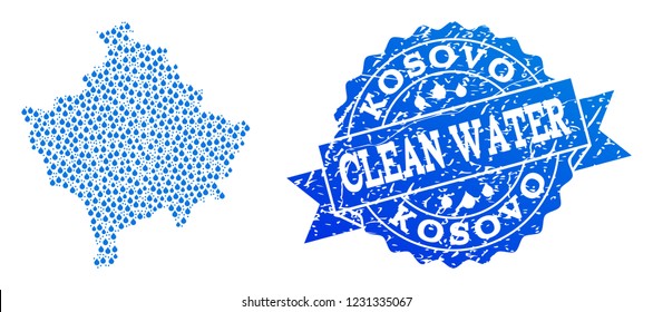 Map of Kosovo vector mosaic and clean water grunge stamp. Map of Kosovo created with blue aqua drops. Seal with grunge rubber texture for clean drinking water.