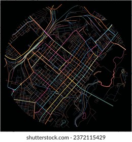 Map of Kostanay, Kostanay Province with all major and minor roads, railways and waterways. Colorful line art on black background.