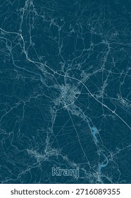 map of Kranj, Slovenia, rendered in a minimalist style. The map features a dark teal background with light blue lines representing streets, roads, and rivers.