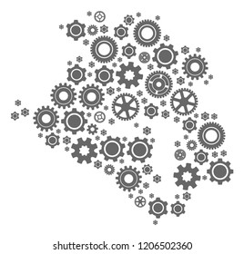 Map of Krasnodar Krai formed with gray engine symbols. Vector abstract mosaic of map of Krasnodar Krai with job symbols. Engineering flat design for industry posters.
