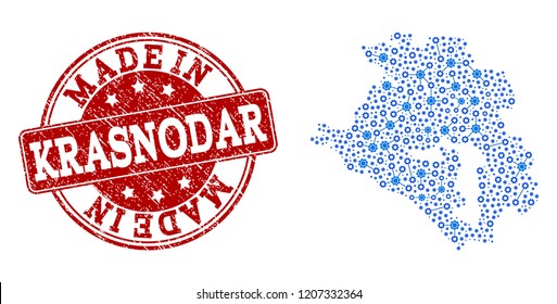 Map of Krasnodar Krai vector mosaic and Made In grunge stamp. Map of Krasnodar Krai composed with blue engine relations. Made in red seal with scratched rubber texture.