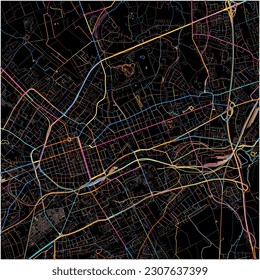 Map of Krefeld, North Rhine-Westphalia with all major and minor roads, railways and waterways. Colorful line art on black background.