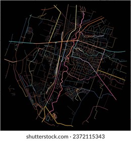 Map of Kretinga, Klaipėda County with all major and minor roads, railways and waterways. Colorful line art on black background.