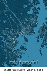 Mapa de Kristiansand, Noruega, en un estilo minimalista. El mapa presenta una paleta de color azul profundo, con líneas blancas que representan carreteras y vías fluviales.