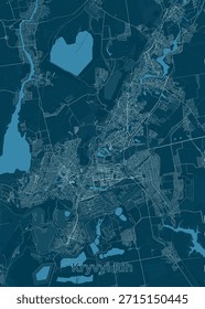 Mapa de Kryvyi Rih, Ucrania, en tonos azules. El mapa destaca el diseño de la ciudad, incluyendo calles, edificios y características naturales como lagos y ríos.