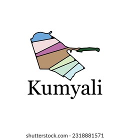 Map of Kumyali on White isolated background, with named regions and travel icons, illustration vector design template