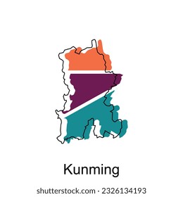 Mapa de la alta calidad de Kunming es un mapa de la provincia de China, regiones de esquema detallado en blanco y negro del país. Plantilla de ilustración de vector