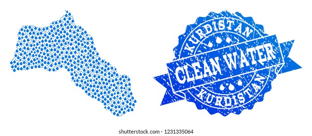 Map of Kurdistan vector mosaic and clean water grunge stamp. Map of Kurdistan composed with blue water dews. Seal with grunge rubber texture for clean drinking water.