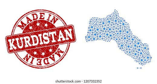 Map of Kurdistan vector mosaic and Made In grunge stamp. Map of Kurdistan designed with blue gear links. Made in red seal with grunge rubber texture.
