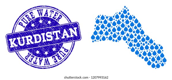 Map of Kurdistan vector mosaic and Pure Water grunge stamp. Map of Kurdistan formed with blue water raindrops. Seal with retro rubber texture for clean drinking water.