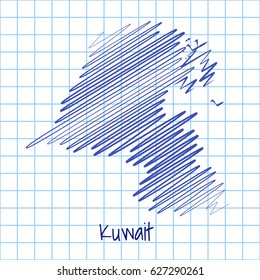 Map of Kuwait, blue sketch abstract background. The hand drawn map on school grid background texture. scribble pan vector illustration