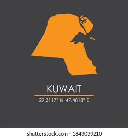 Map of Kuwait with coordinates isolated in dark gray background