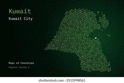 A map of Kuwait depicted in zeros and ones in the form of a circle. The capital, Kuwait city, is shown in the center of the circle