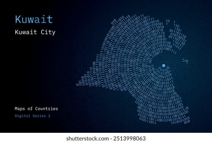 A map of Kuwait depicted in zeros and ones in the form of a circle. The capital, Kuwait city, is shown in the center of the circle