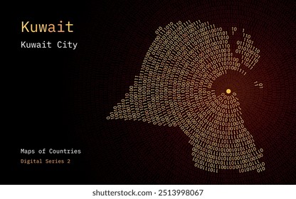 Un mapa de Kuwait representado en ceros y unos en forma de círculo. La capital, Kuwait, se muestra en el centro del círculo