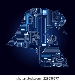 Map of Kuwait with electronic circuit. Contour map of Kuwait with a technological electronics circuit. 
