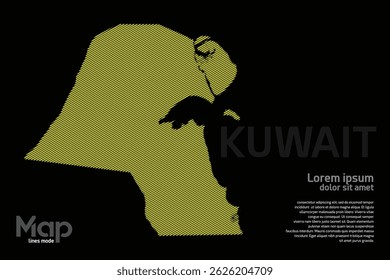 Mapa do Kuwait com linhas geográficas amarelas, isoladas sobre um fundo preto. Perfeito para vários projetos de design