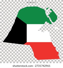 Mapa do Kuwait cheio de cores de bandeira nacional, isolado no fundo transparente. Silhueta geográfica para projetos políticos, educacionais, de viagens e infográficos.