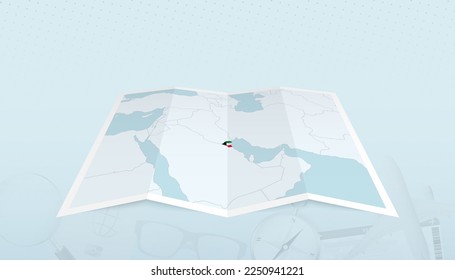 Mapa de Kuwait con la bandera de Kuwait en el contorno del mapa en un contexto abstracto de viaje. Ilustración de viaje.