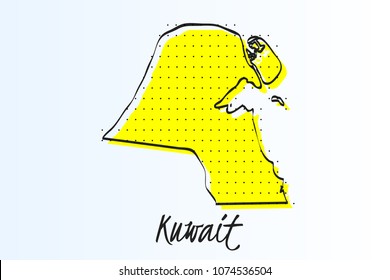 Map of Kuwait, halftone abstract background. The black dots on a yellow background. drawn border line. vector illustration