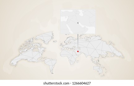 Map of Kuwait with neighbor countries pinned on world map. Abstract triangles World Map.