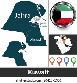 Karte von Kuwait mit den neuesten Gouverneuren und Lage auf der Karte von Westasien. Vektorbild