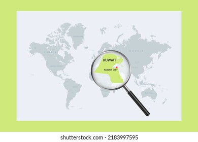 Map of Kuwait on political world map with magnifying glass