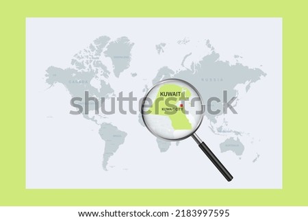 Map of Kuwait on political world map with magnifying glass