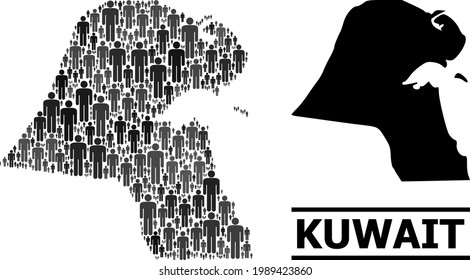 Map of Kuwait for politics projects. Vector demographics mosaic. Mosaic map of Kuwait organized of guy elements. Demographic scheme in dark grey color shades.