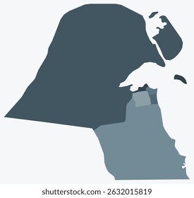 Mapa do Kuwait com regiões. Apenas um simples mapa de fronteira de país com divisão de região. Paleta de cores cinza azul. Forma plana do Kuwait com divisão administrativa. Ilustração vetorial.