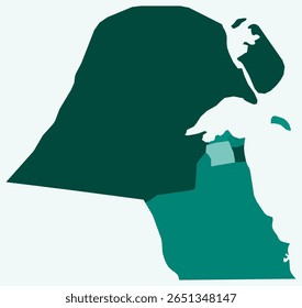 Map of Kuwait with regions. Just a simple country border map with region division. Teal color palette. Flat Kuwait shape with administrative division. Vector illustration.
