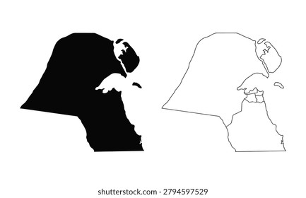 map of kuwait with solid silhouette and outline icon for flags and travel design
