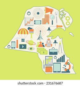 Map of Kuwait with technology icons. Contour map of Kuwait with icons of technology, business, science, communication