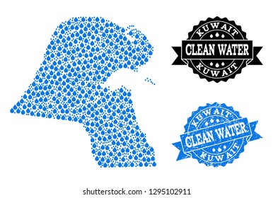 Map of Kuwait vector mosaic and clean water grunge stamp. Map of Kuwait formed with blue water raindrops. Seal with grunge rubber texture for clean drinking water.