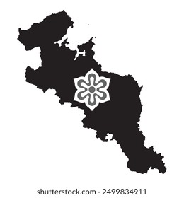 Map of Kyoto prefecture with its official flag in white and black colors. Vector illustration