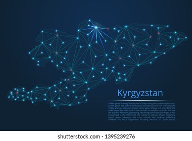 Map of Kyrgyzstan connection. Vector low-poly image of a global map with lights in the form of cities or population density, consisting of points and shapes in the form of stars and space.