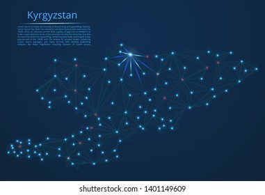 Map of Kyrgyzstan connection. Vector low-poly image of a global map with lights in the form of cities or population density, consisting of points and shapes in the form of stars and space.