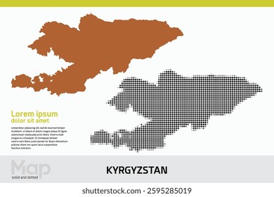 A map of Kyrgyzstan in dual designs, featuring brown solid details and black abstract dotted patterns, isolated on a white background

