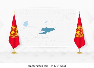 Map of Kyrgyzstan and flags of Kyrgyzstan on flag stand. Vector illustration for diplomacy meeting.