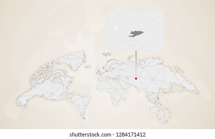 Map of Kyrgyzstan with neighbor countries pinned on world map. Abstract triangles World Map.