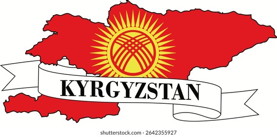 The map of Kyrgyzstan overlaid with the Kyrgyz flag and its name written on a ribbon