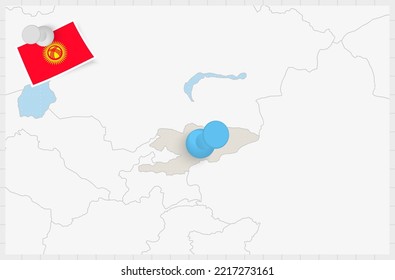 Map of Kyrgyzstan with a pinned blue pin. Pinned flag of Kyrgyzstan, vector illustration.