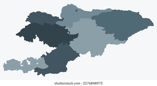 Map of Kyrgyzstan with regions. Just a simple country border map with region division. Blue grey color palette. Plain Kyrgyzstan shape with administrative division. Vector illustration.