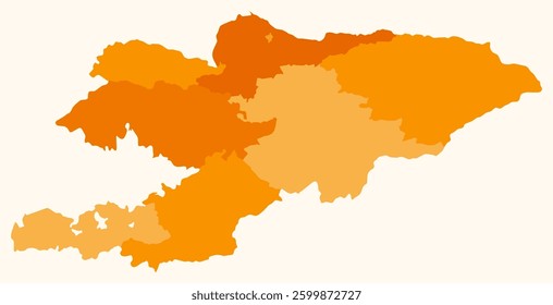 Map of Kyrgyzstan with regions. Just a simple country border map with region division. Orange color palette. Plain Kyrgyzstan shape with administrative division. Vector illustration.