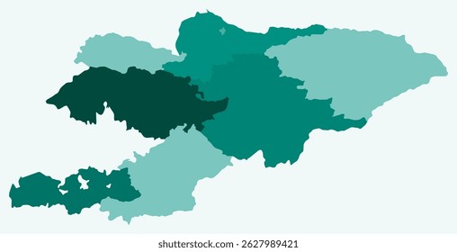 Mapa do Quirguistão com regiões. Apenas um simples mapa de fronteira de país com divisão de região. Paleta de cores azul-petróleo. Forma branca do Quirguistão com divisão administrativa. Ilustração vetorial.