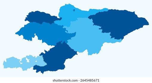 Map of Kyrgyzstan with regions. Just a simple country border map with region division. Light blue color palette. Plain Kyrgyzstan shape with administrative division. Vector illustration.