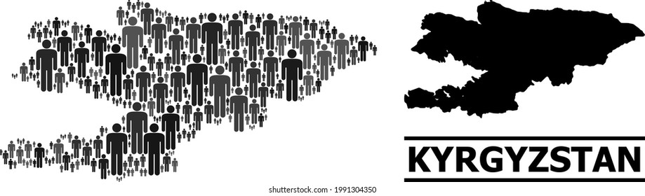 Mapa de Kirguistán para doctrinas sociales. Collage de la nación vector. Mapa conceptual de Kirguistán compuesto de elementos sociales. Esquema demográfico en tonos grises oscuros.
