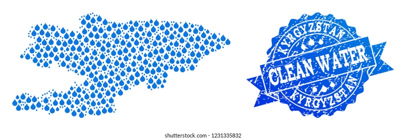 Map of Kyrgyzstan vector mosaic and clean water grunge stamp. Map of Kyrgyzstan composed with blue water raindrops. Seal with grunge rubber texture for clean drinking water.